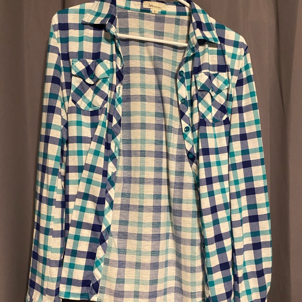 WinWin Apparel blue/teal/white plaid long sleeve